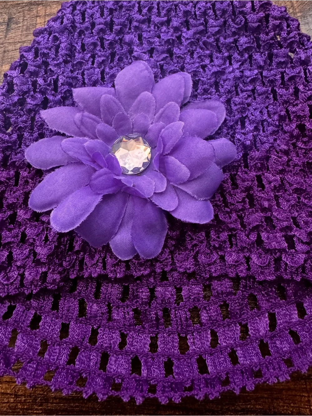 New Baby Girl Purple Crochet Beanie Hat with Flower Rhinestone NWT